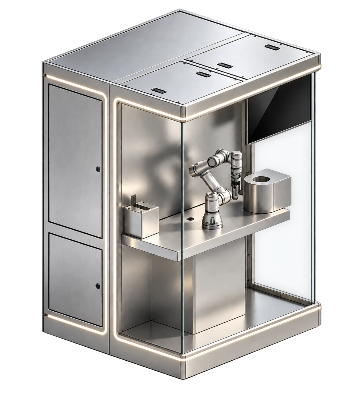Stainless-steel robotic production cell, with a robotic arm working behind glass.
