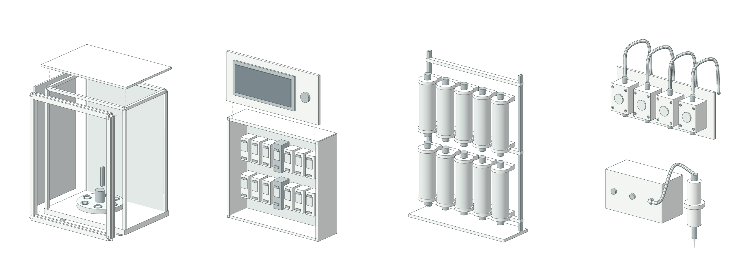 Shaded CAD-style axonometric study of enclosure panels and bottle fixtures, a control cabinet, ingredient cartridges, and dosing assemblies.